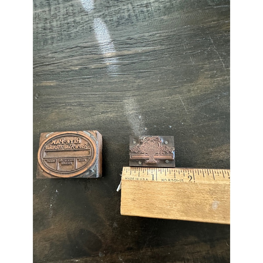 Vintage Copper Printing Blocks Rite-Pak Market Logo & Flower Basket Stamp Set